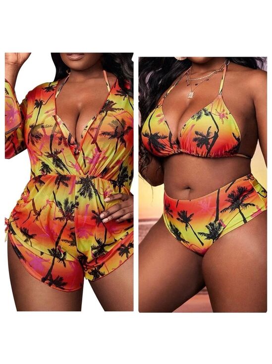 Pretty Woman Boutique Other - 3pc Plus Size Tropical Print Halter Triangle Bikini Set with Cover Up